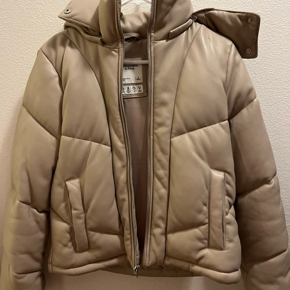 Abercrombie & Fitch LEATHER Taupe Puffer Jacket - Picture 2 of 4
